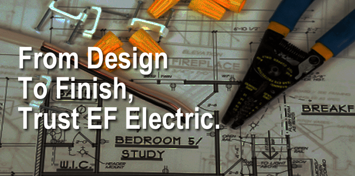 Outdoor image of a house with lighted landscape. Quote - Indoor and out, EF Electric will light up your world.